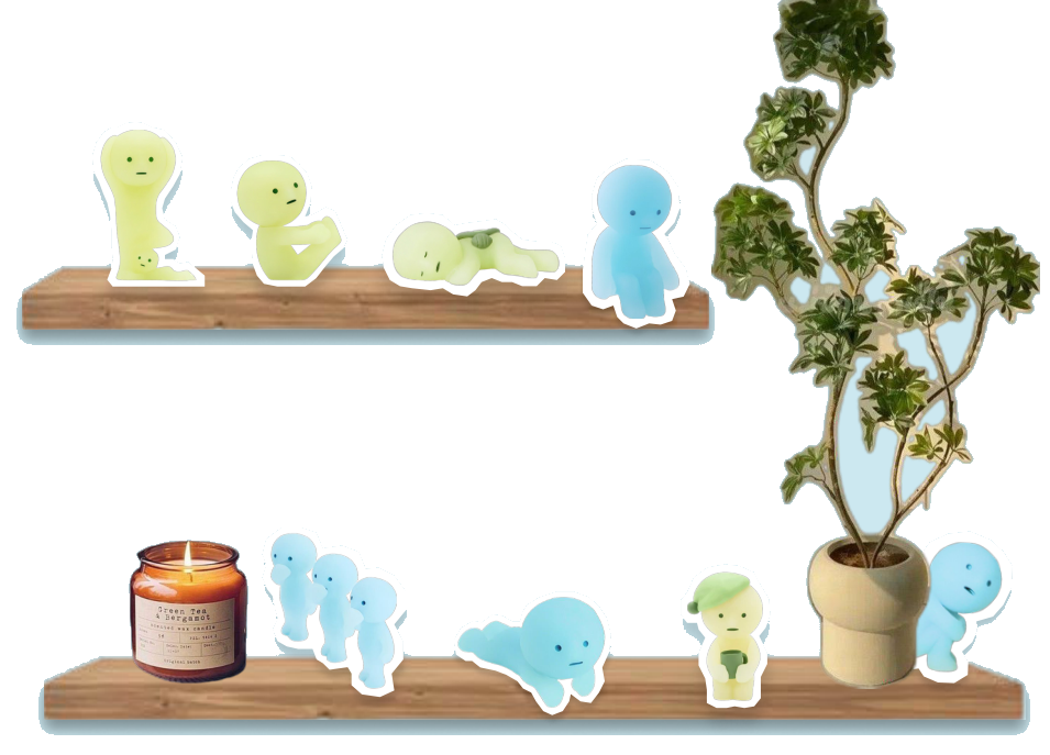 Green and blue Smiski figures arranged on wooden shelves with a candle and plant
