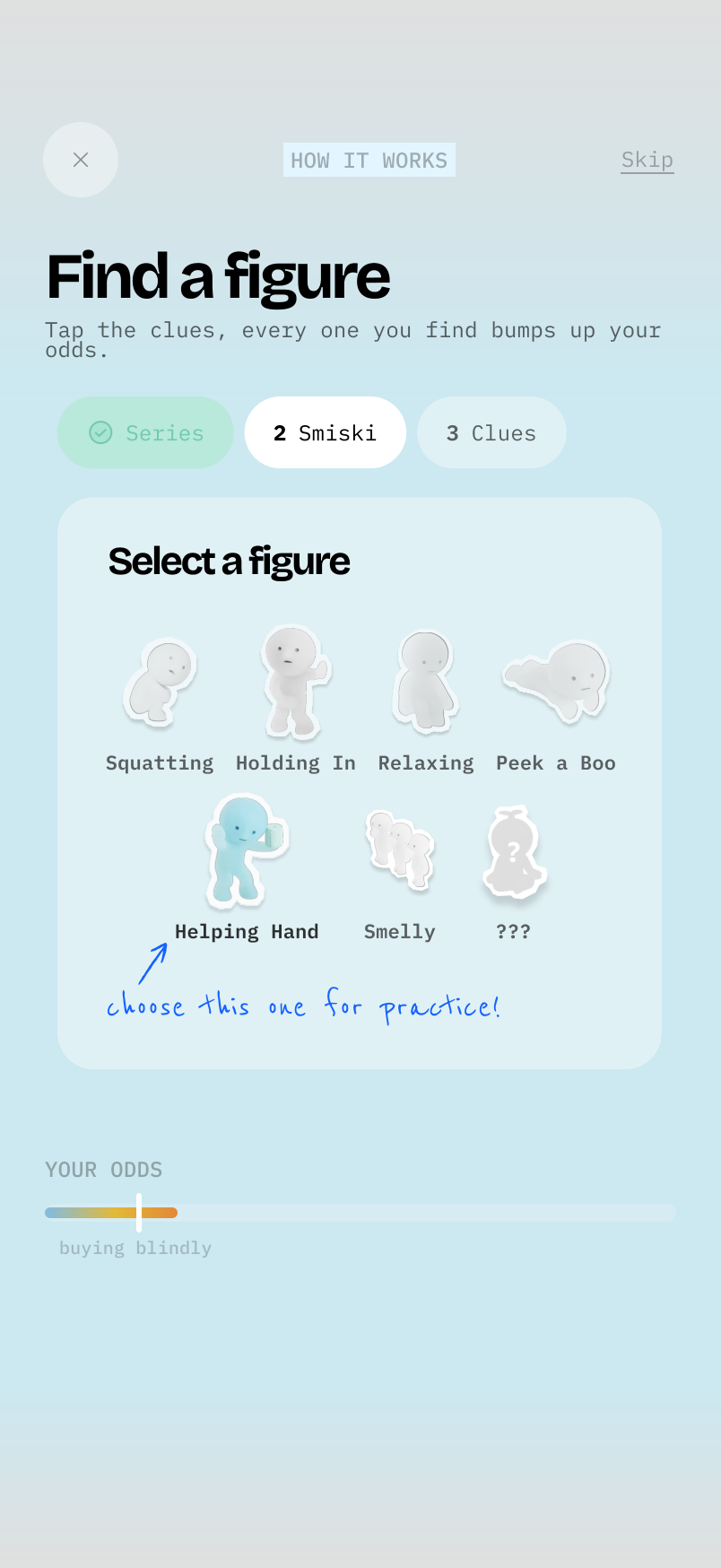 Smiseek figure hunting screen with selectable figures