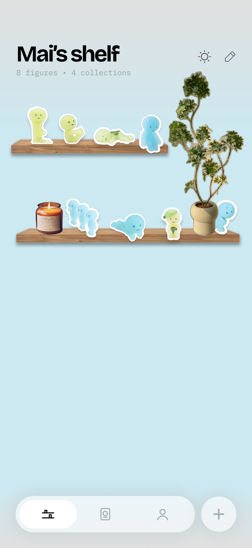 Smiseek shelf with green and blue Smiski figures, a candle, and a plant